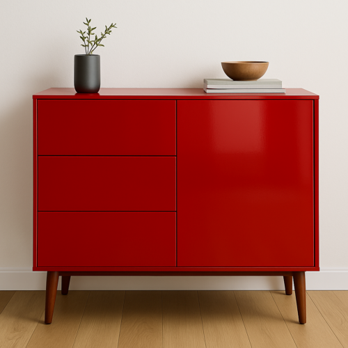 Mueble decorado con vinilo adhesivo brillante color rojo oscuro Ri-Mark Event de Fedrigoni. Ideal para renovar con estilo.