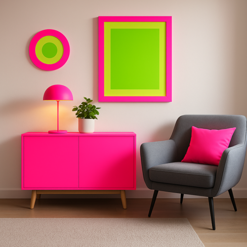 Sala de estar moderna con mueble bajo y elementos decorativos revestidos en vinilo fluorescente rosa y verde. Ideal para proyectos atrevidos, juveniles o campañas visuales con gran impacto.